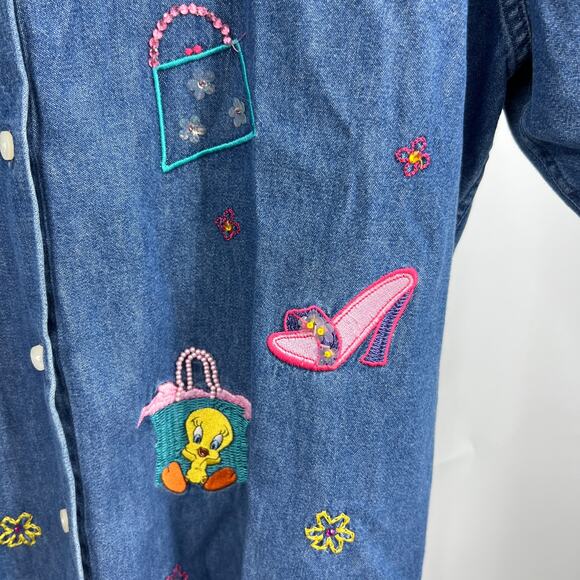 VTG Warner Bros Studio Store Hong Kong Tweedy Denim Button Up Shirt Size Medium - Picture 3 of 8